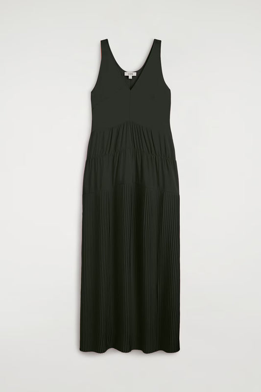 Gathered pleated V-neck maxi dress