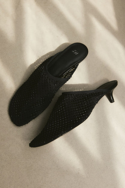 Heeled mesh mules