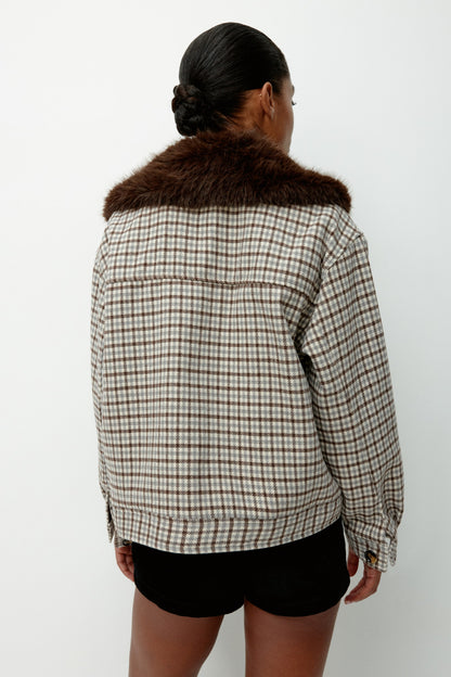 Fluffy-collar twill jacket