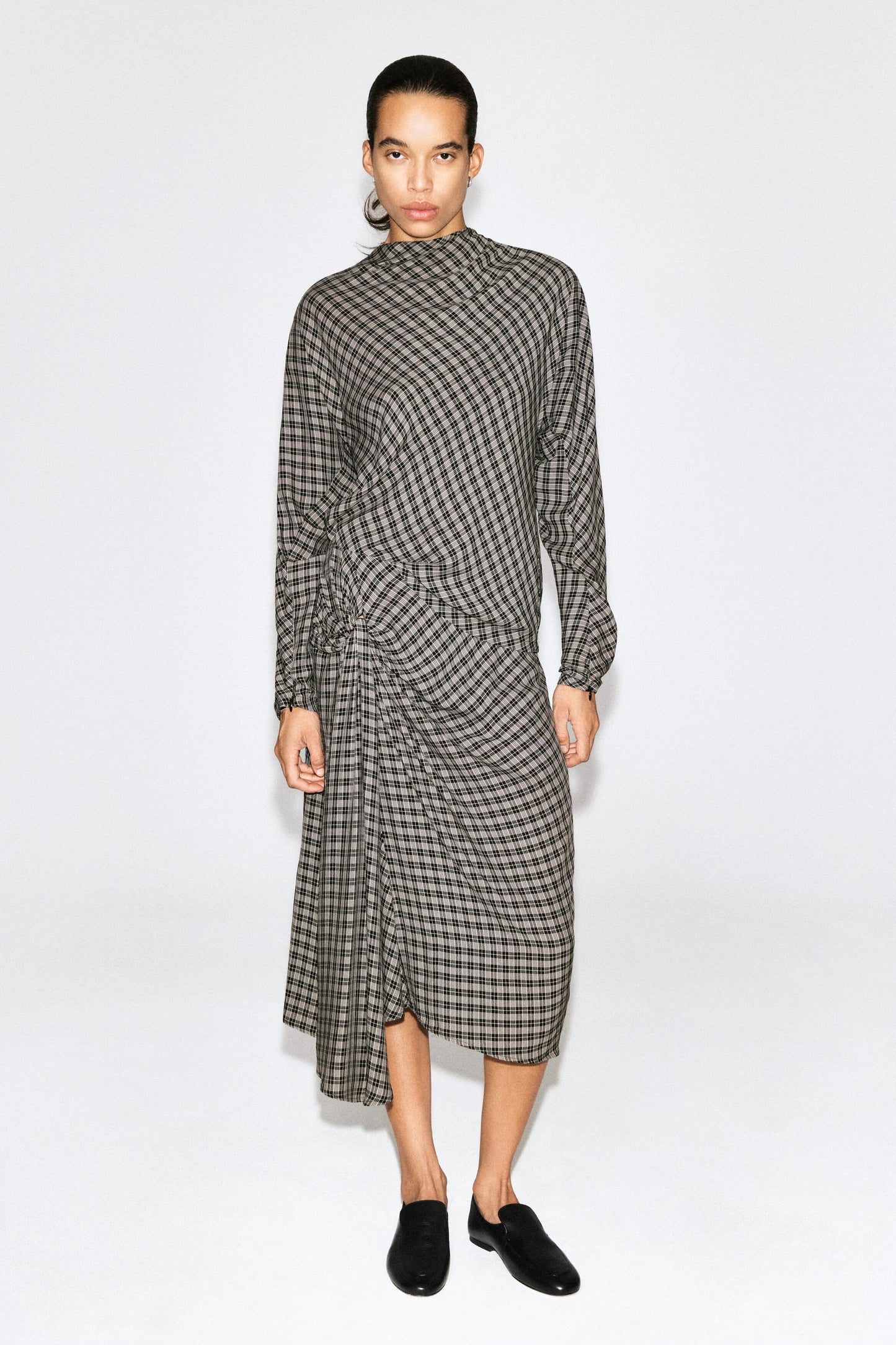 Draped Checked Midi Skirt