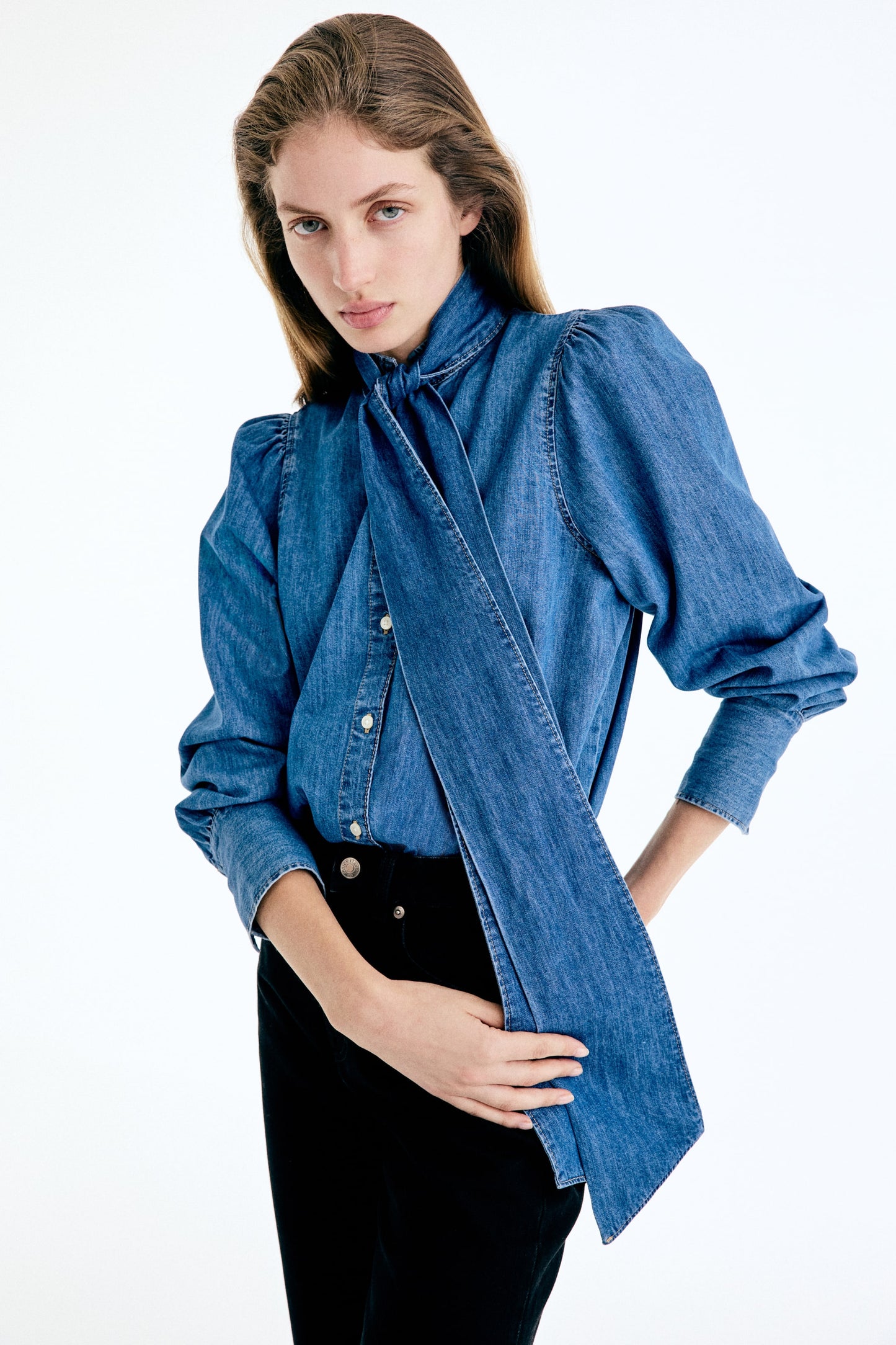 Scarf-detail denim blouse