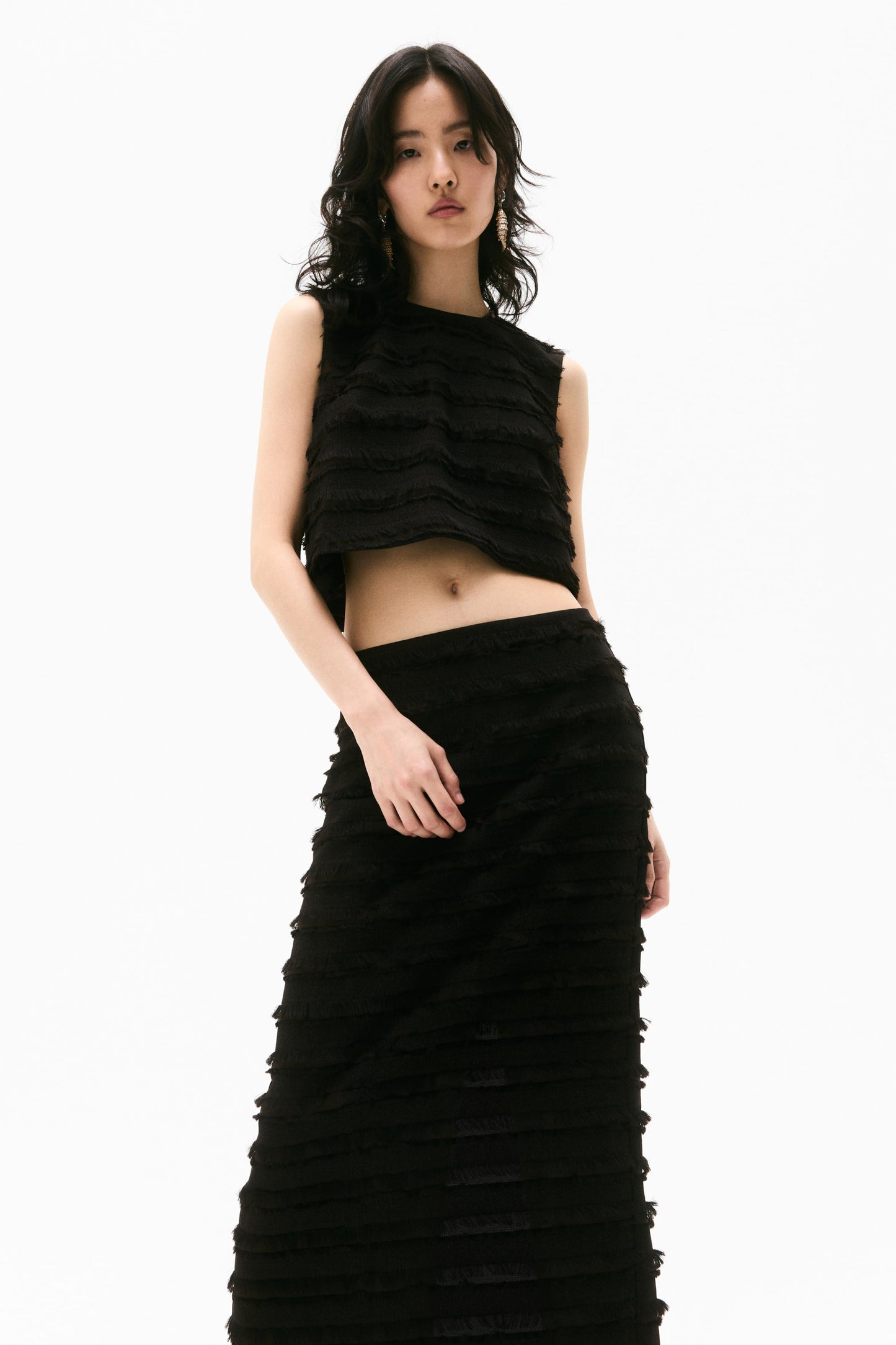 Fringe-trimmed midi skirt