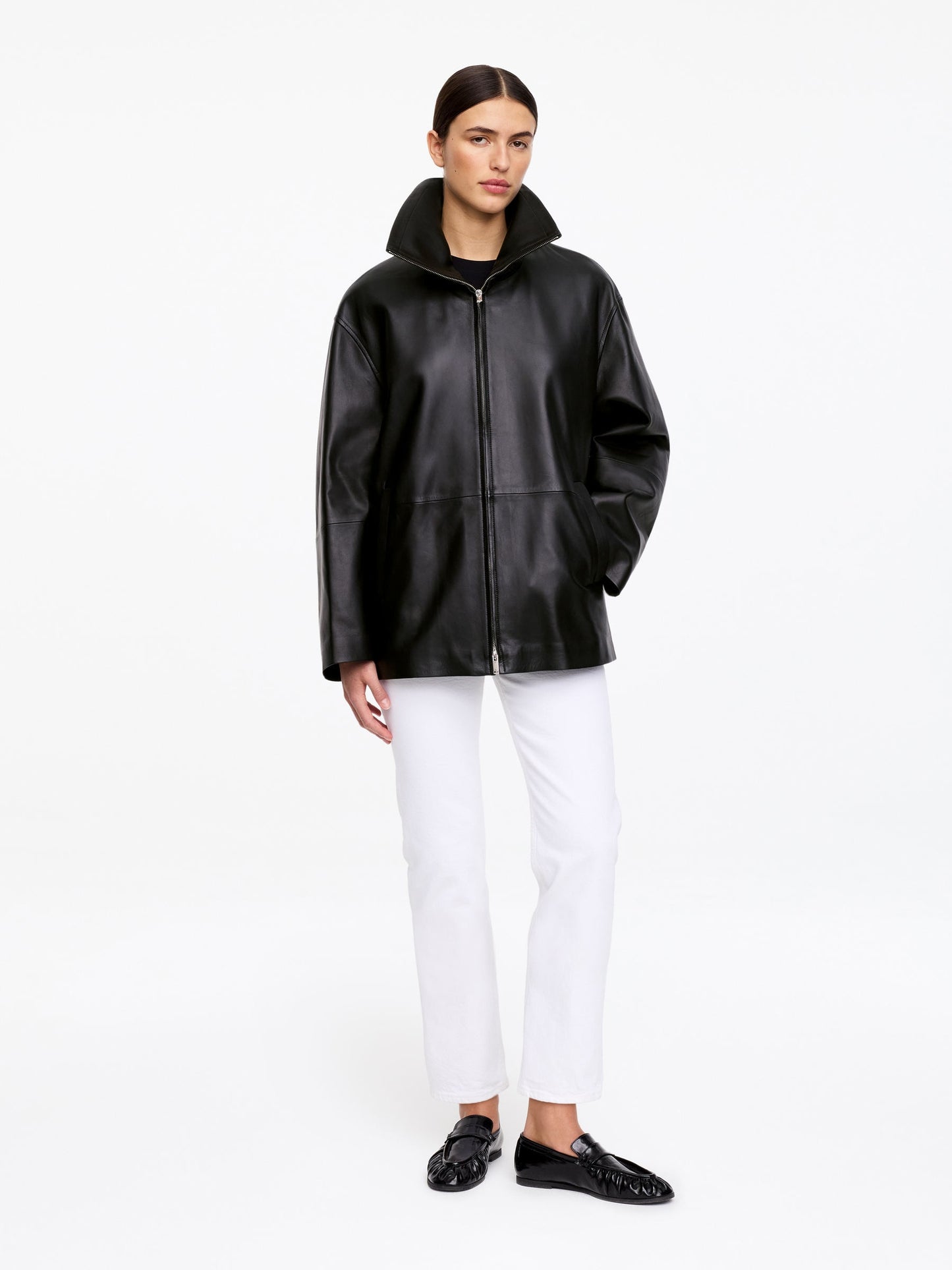 Funnel-Neck Leather Jacket