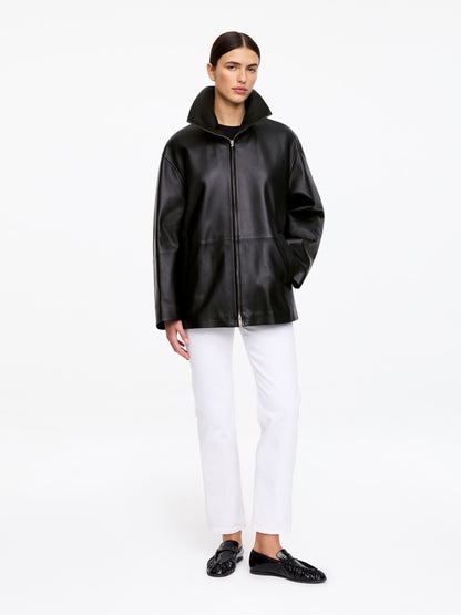 Funnel-Neck Leather Jacket