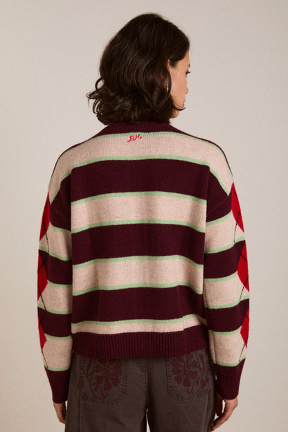 Didi Merino Wool Cardigan Burg Argyle/Stripe