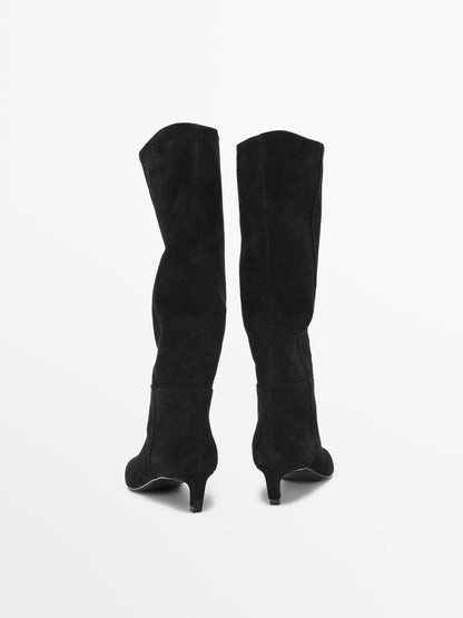 Split leather heeled boots