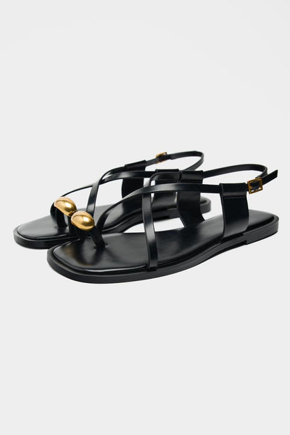 Flat Strap Sandals with Metal Adornment