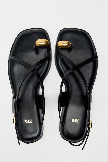 Flat Strap Sandals with Metal Adornment