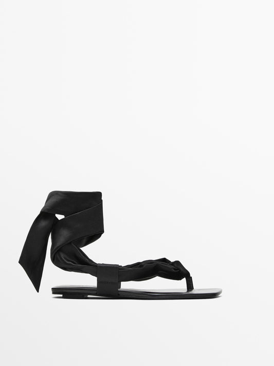 Flat satin sandals with tie detail