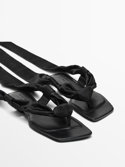 Flat satin sandals with tie detail