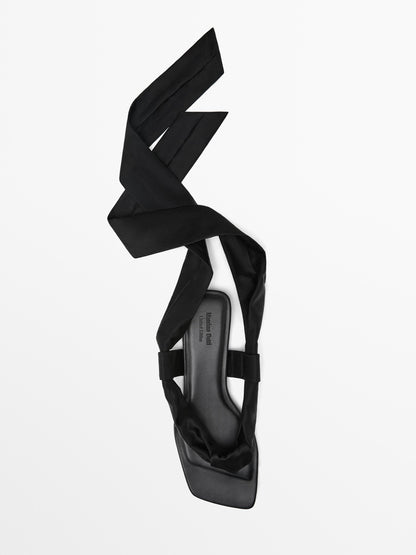 Flat satin sandals with tie detail