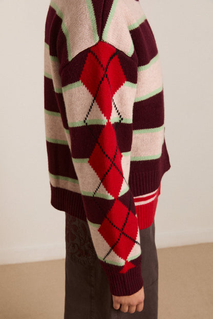 Didi Merino Wool Cardigan Burg Argyle/Stripe