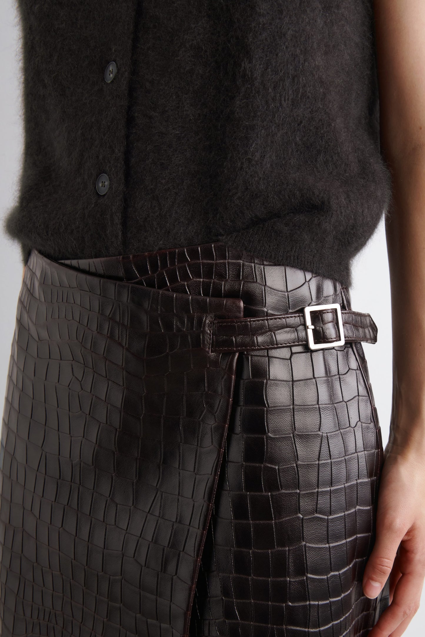 Croc-Effect Leather Wrap Skirt
