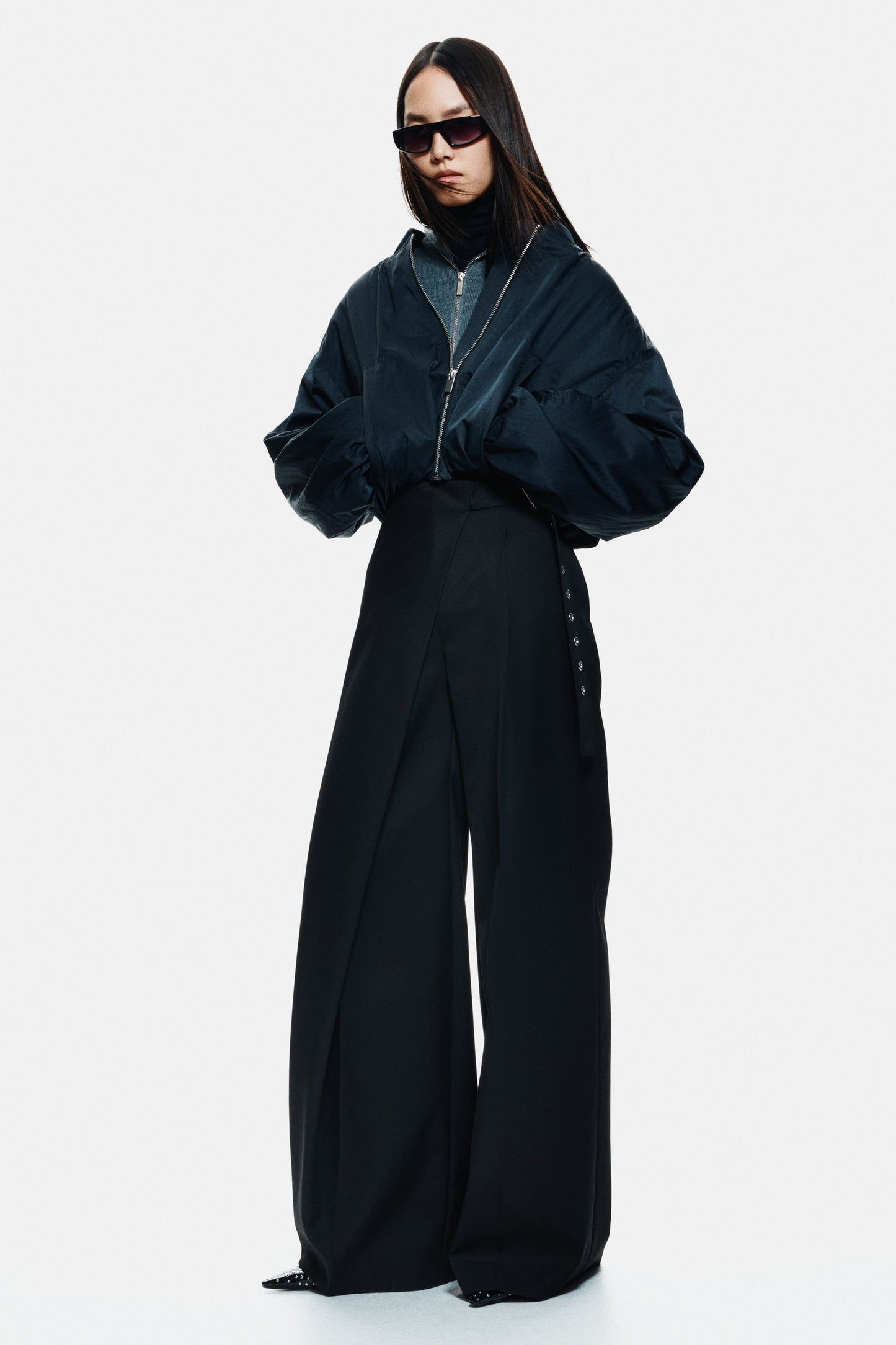 Wool-blend wrap-detail trousers