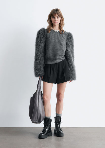 Faux Fur-Sleeve Wool Jumper
