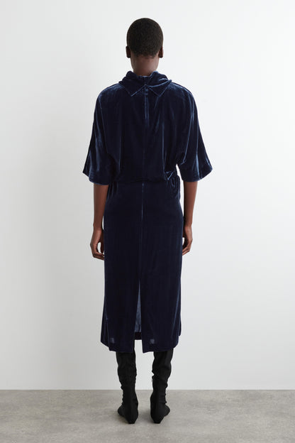 Draped-Neck Velvet Midi Dress