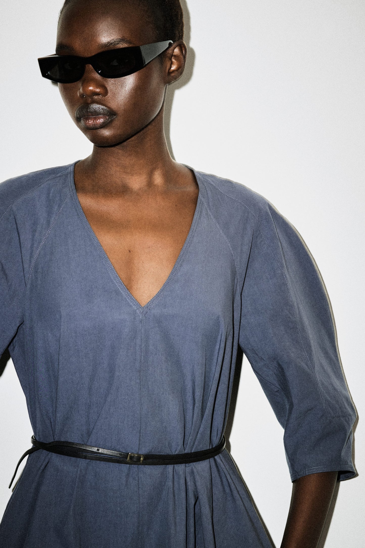 Rounded V-Neck Cotton Midi Dress