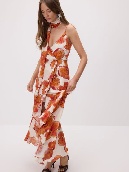 Patterned dress with sash