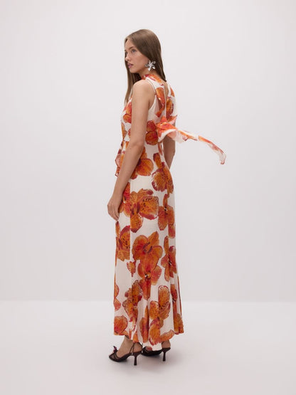 Patterned dress with sash