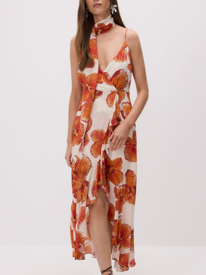 Patterned dress with sash