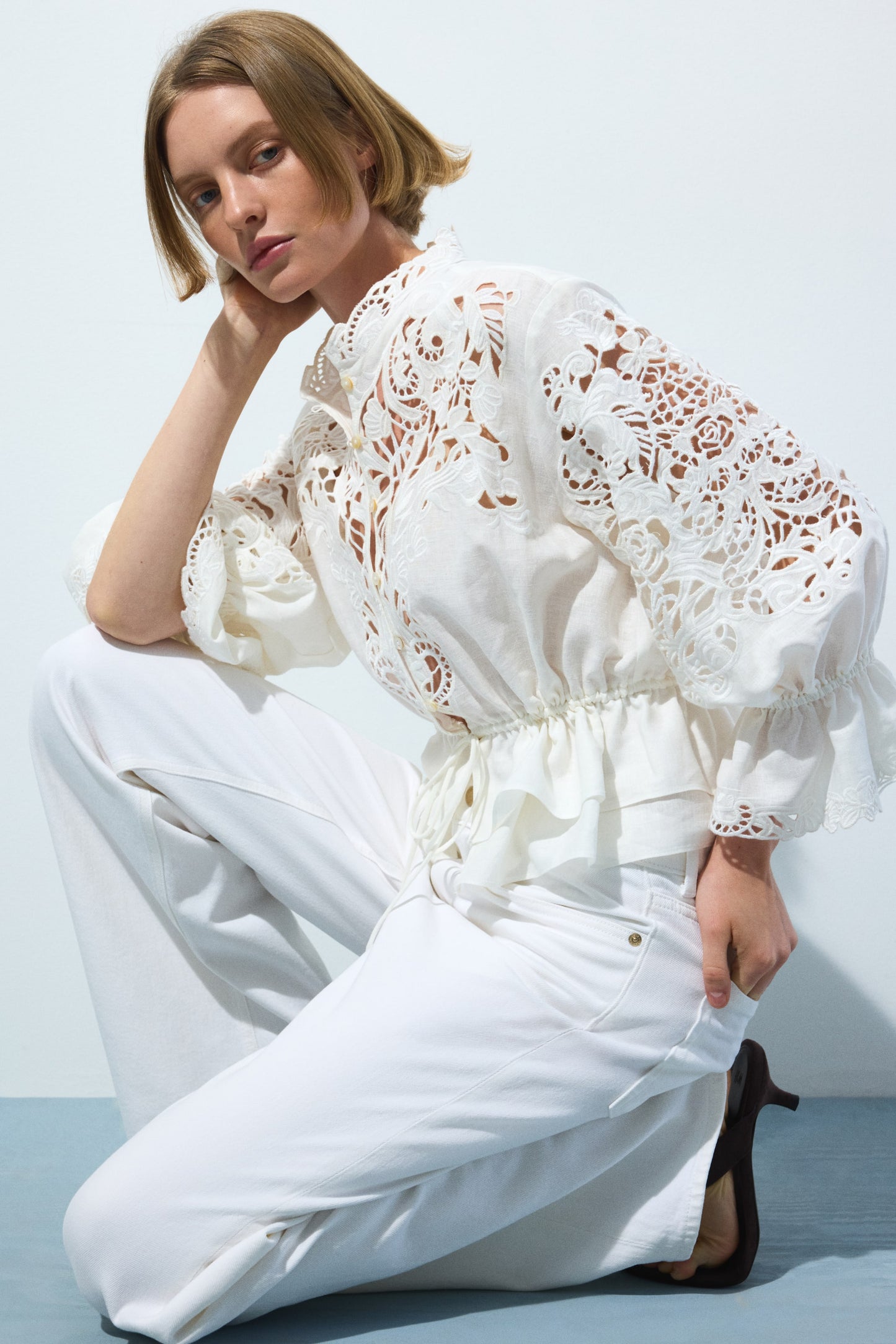 Linen-blend broderie anglaise blouse