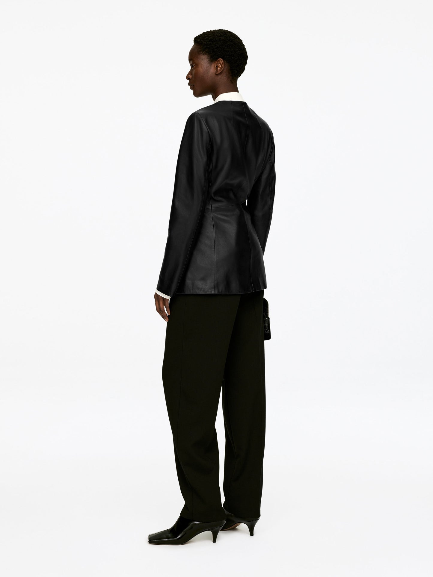 Collarless Leather Blazer