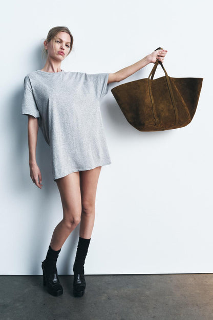 Split suede maxi shopper bag