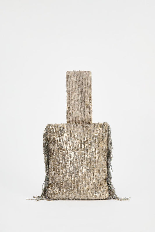 Sequin fringe mini bucket bag