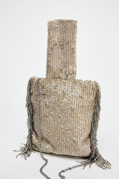 Sequin fringe mini bucket bag