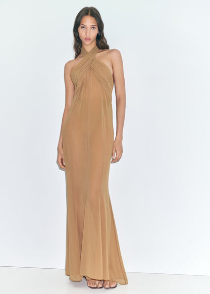 Long semi-transparent dress with crossed neckline