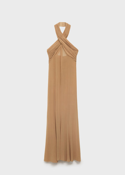 Long semi-transparent dress with crossed neckline