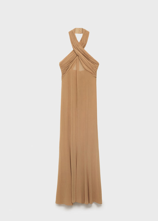 Long semi-transparent dress with crossed neckline