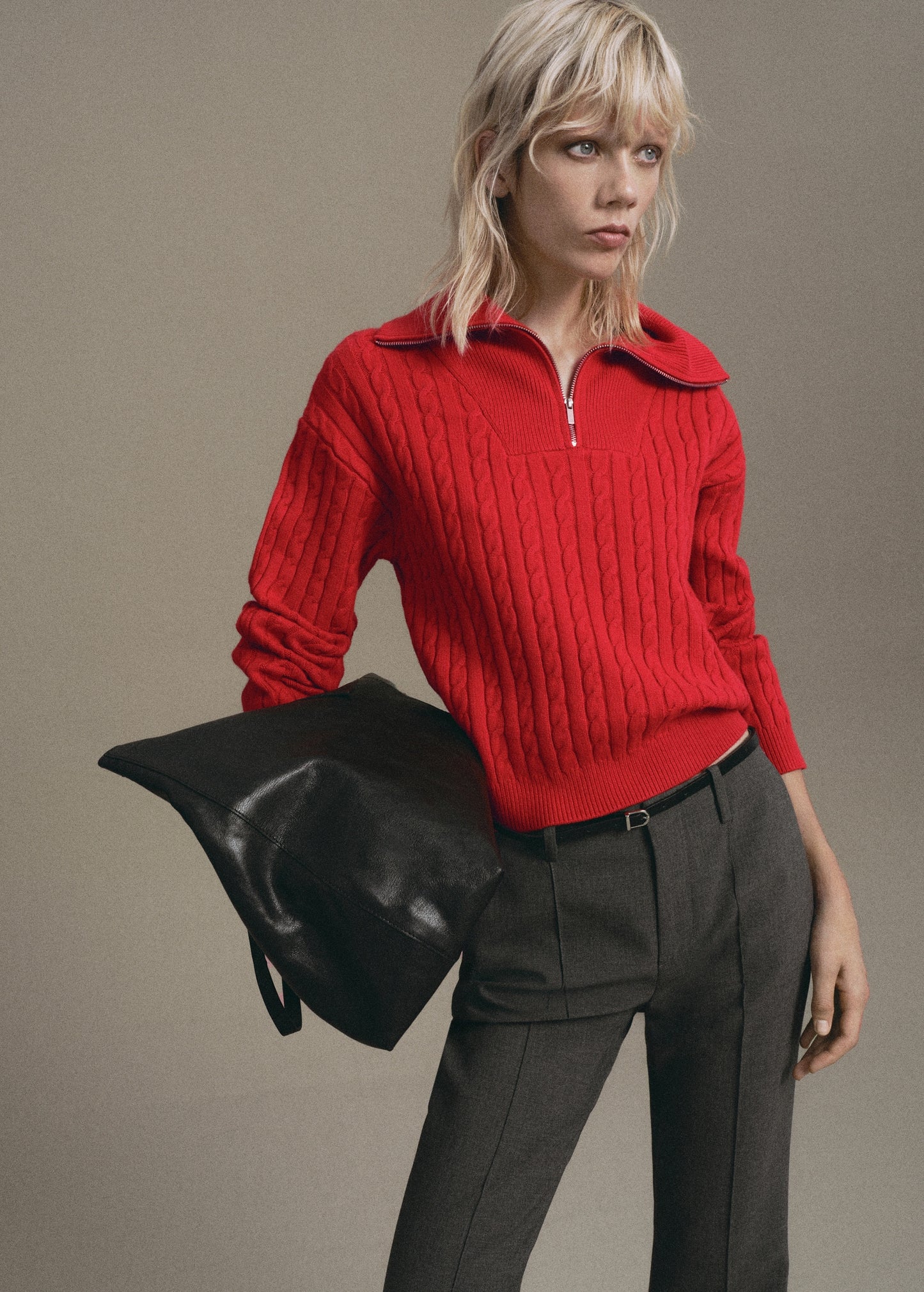 Cable knit zip neck jumper