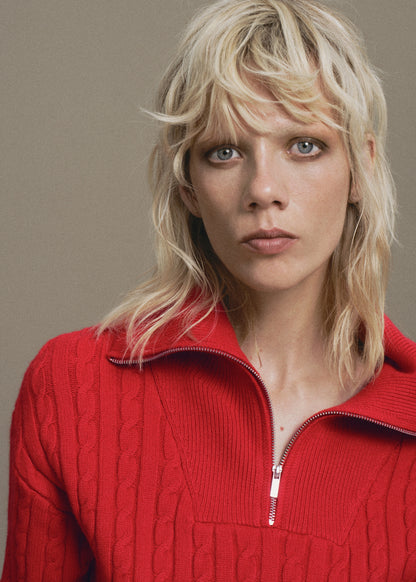 Cable knit zip neck jumper