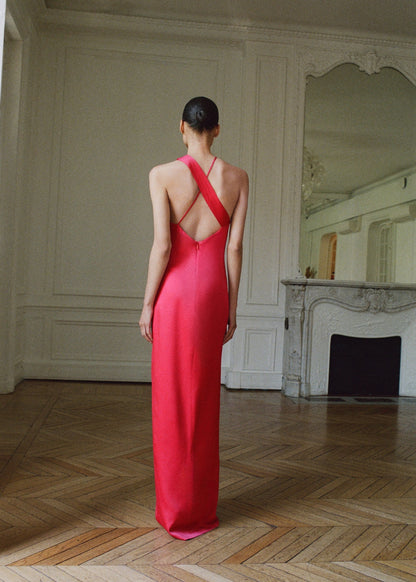 Cross-neckline slit dress