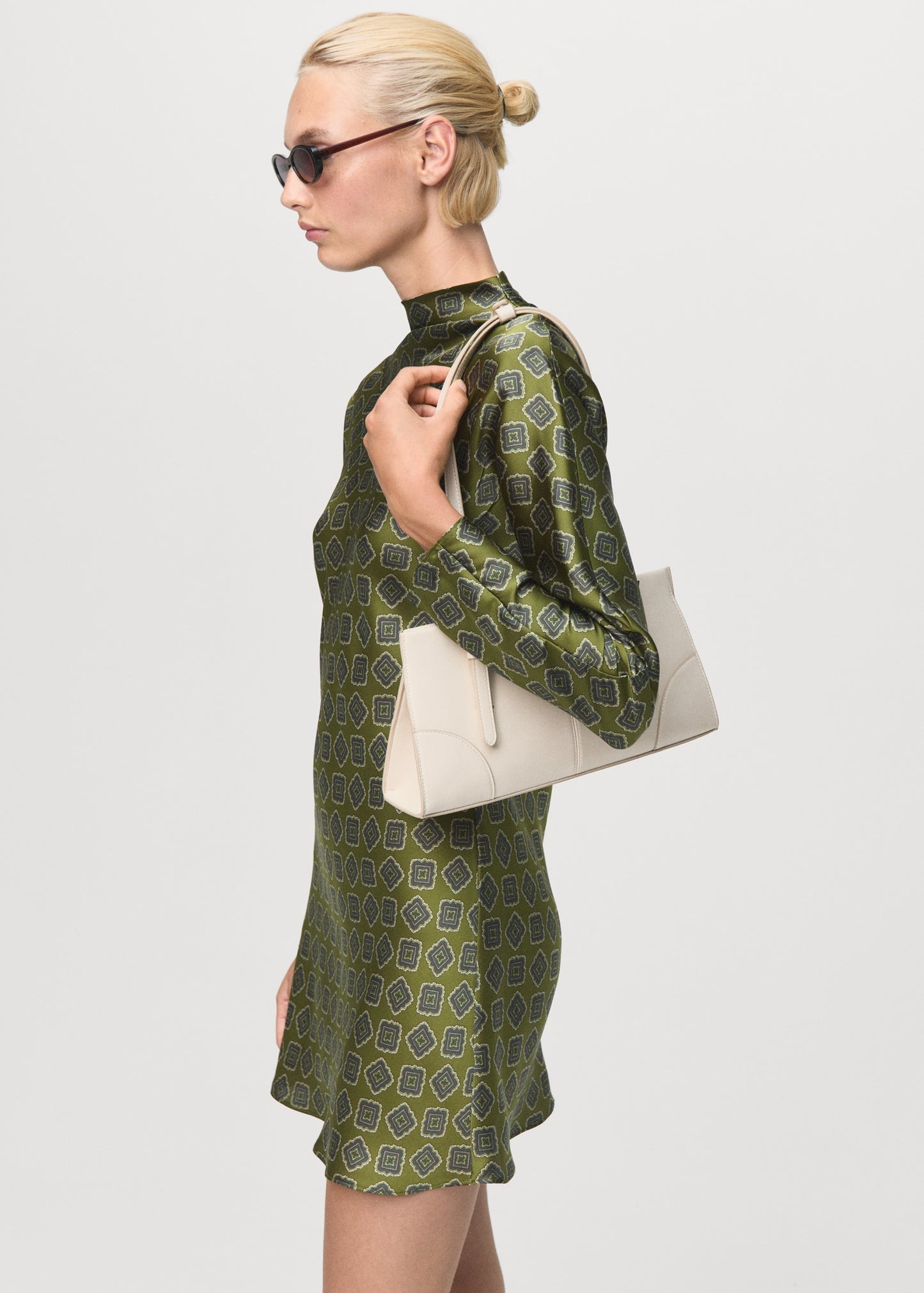 Printed satin dress with perkins collar