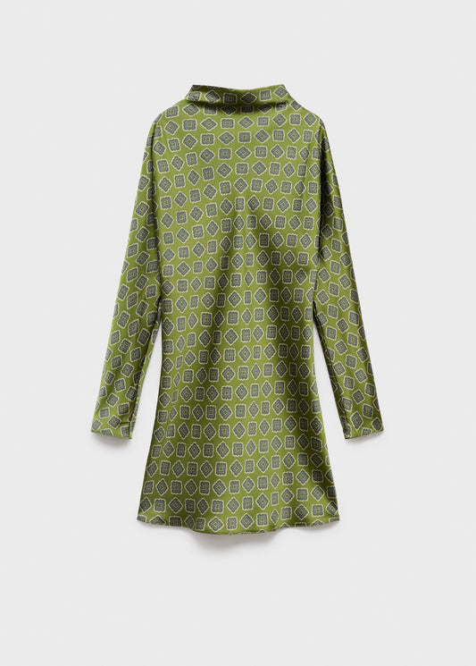 Printed satin dress with perkins collar