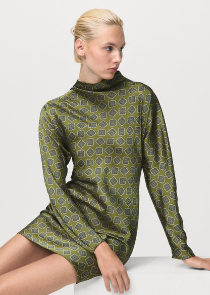 Printed satin dress with perkins collar
