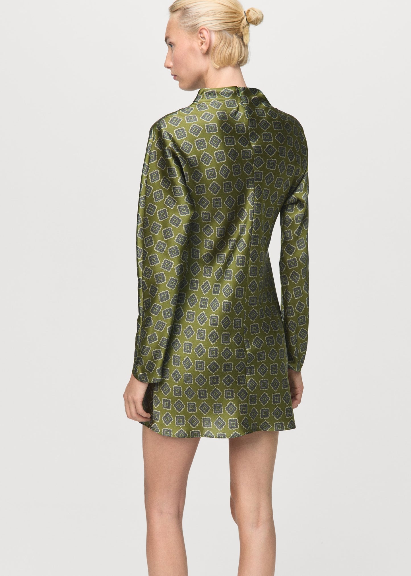 Printed satin dress with perkins collar