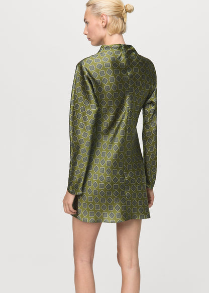 Printed satin dress with perkins collar