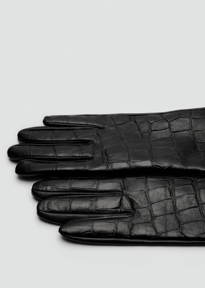 Long croc-effect leather gloves
