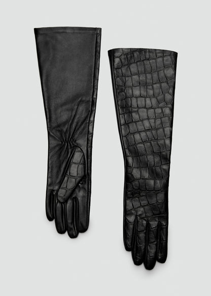 Long croc-effect leather gloves