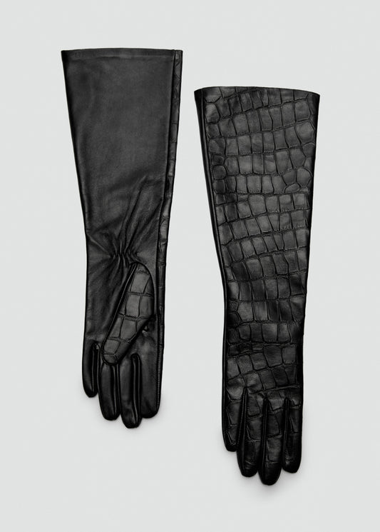 Long croc-effect leather gloves