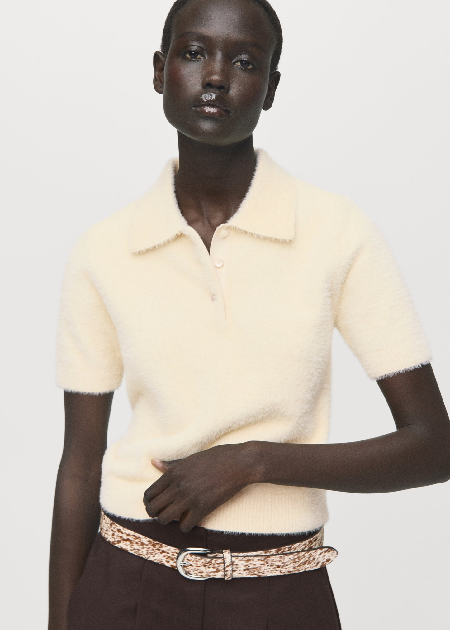 Faux fur effect polo collar jumper