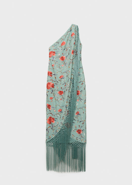 Asymmetrical dress with embroidered fringes