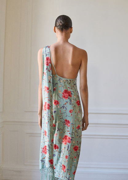 Asymmetrical dress with embroidered fringes