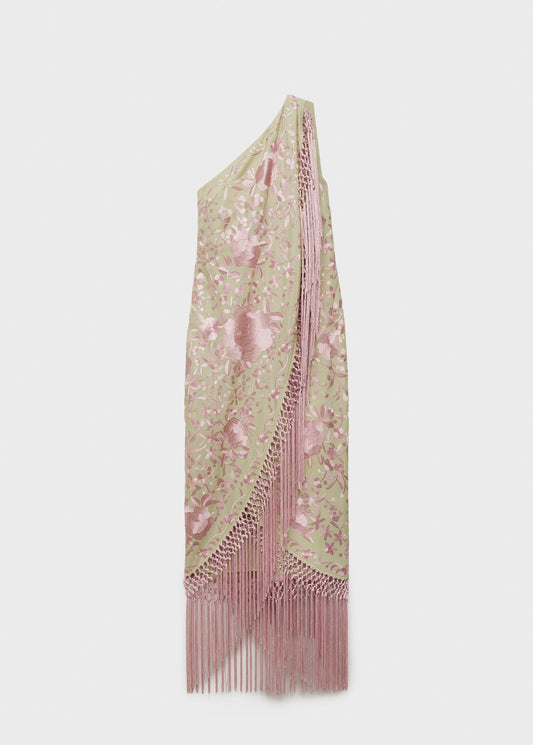 Asymmetrical dress with embroidered fringes