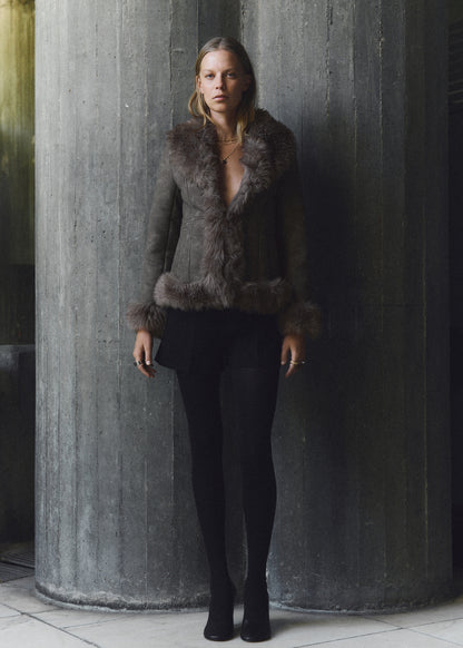 Suede-effect faux fur jacket