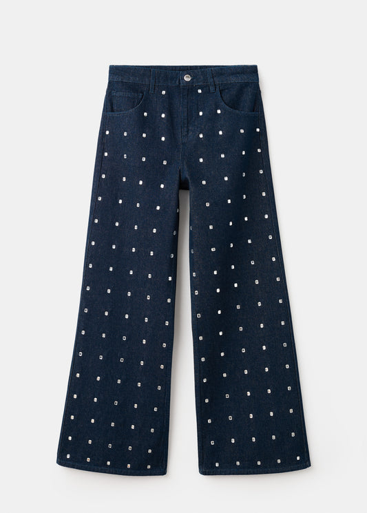 Wide-leg jeans with crystals