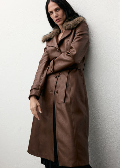Leather-effect coat with fur collar